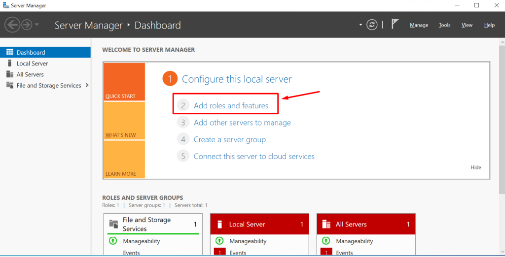Add roles and feature pada Server Manager di Windows Server